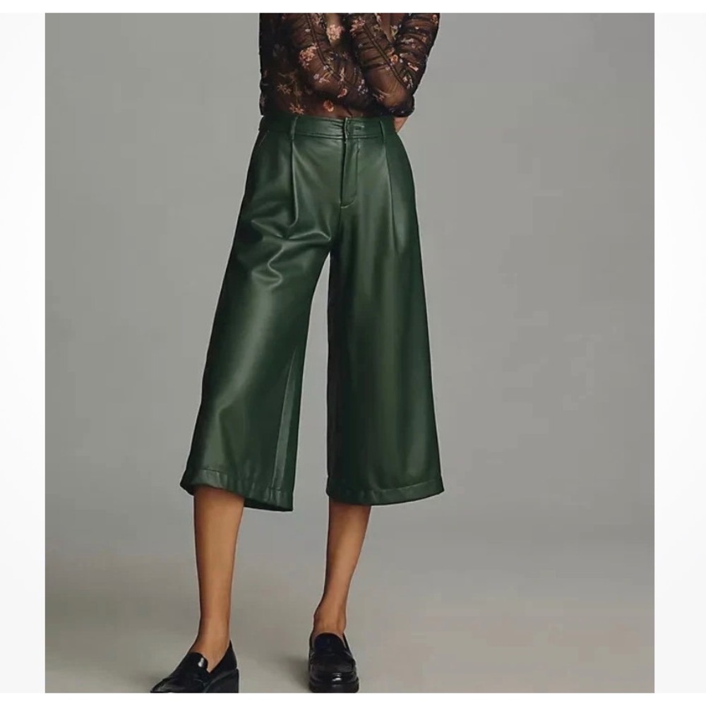 By Anthropologie 0 Green Faux Leather Culottes Capri Crop Pants Jorts Wide Leg